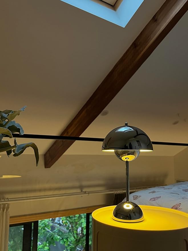 Modern Flower Bud Lamp 12" Cordless Touch Lamp Dimmable 2600mAh Rechargeable Desk Lamp Nordic Minimalist Mushroom Lamp Nightstand Bedside Lamp for Bedroom Living Room(Chrome) No Reading Light