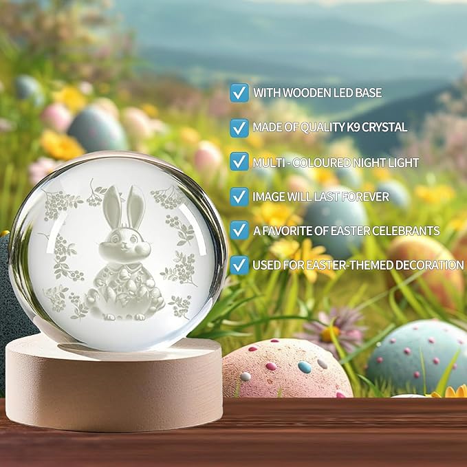 Easter Light up Bunny 3D Crystal Ball 60MM Rabbit Decor Sphere Figurine Collectibles Glass Art Animal Night Light for Kids