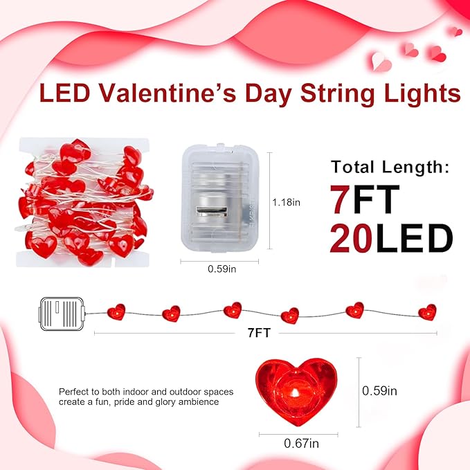 AIKEI 2 Pack Valentines LED Fairy Lights Battery Operated, Red Heart String Lights Waterproof 7 Feet 20 Led Firefly Starry Lighting for Wedding Party Bedroom Table Valentine's Day Decoration