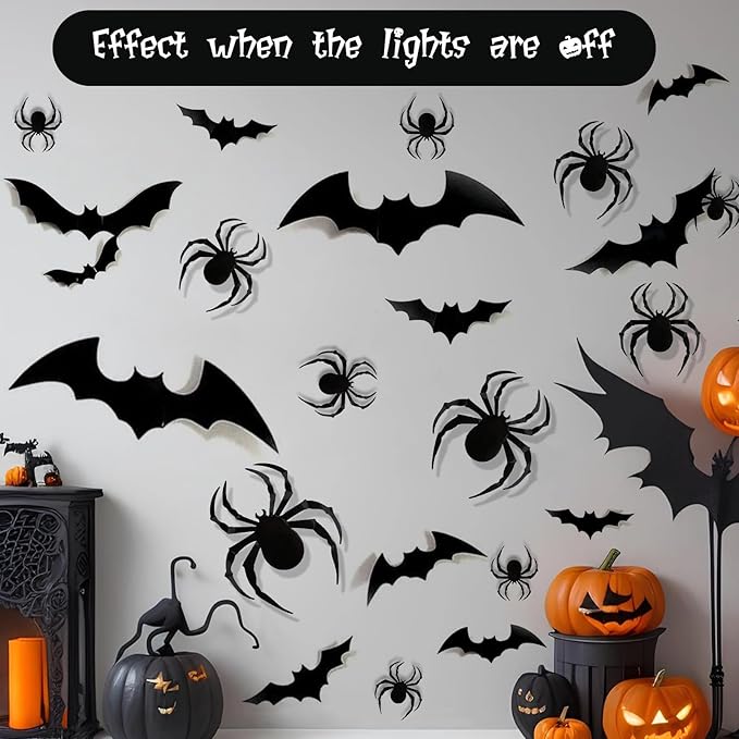 36 Pack Halloween Bat Spider Wall Decor, 3D LED Bat Spider Wall Stickers - 3 Colors - 3 Size - Removable Light up Spiders Bats Wall Decals for Halloween Party, Bedroom Window Decorations