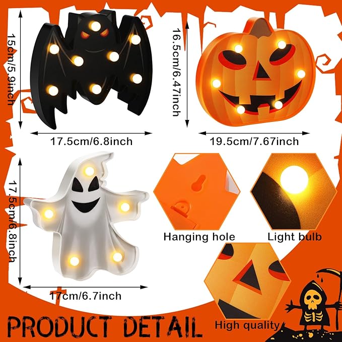 VIHOSE 3 Pcs Halloween Decoration Lights Halloween Marquee Sign Ghost Pumpkin Bat Lamp LED Desk Lamp Decorative Battery Operated Night Lights for Bedroom Table Indoor Outdoor Home Bar Party Gift