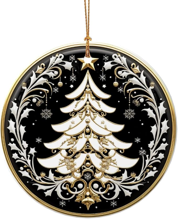 Tribal Bohemian Tree Christmas Ornaments, Christmas Decorations Xmas Tree Hanging Ornaments, Round Ceramic Festive Keepsake Gift for Xmas Decorations Holiday Home Decor