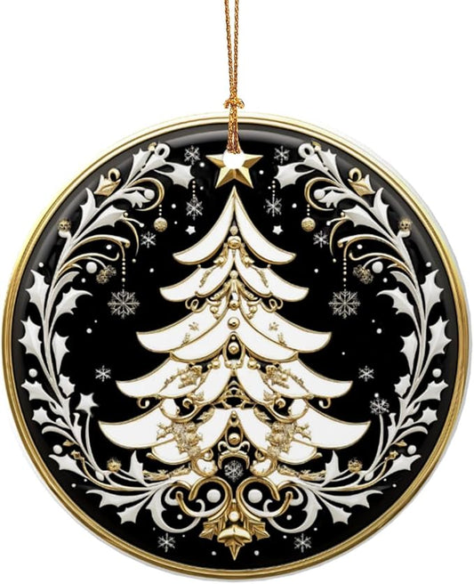 Tribal Bohemian Tree Christmas Ornaments, Christmas Decorations Xmas Tree Hanging Ornaments, Round Ceramic Festive Keepsake Gift for Xmas Decorations Holiday Home Decor