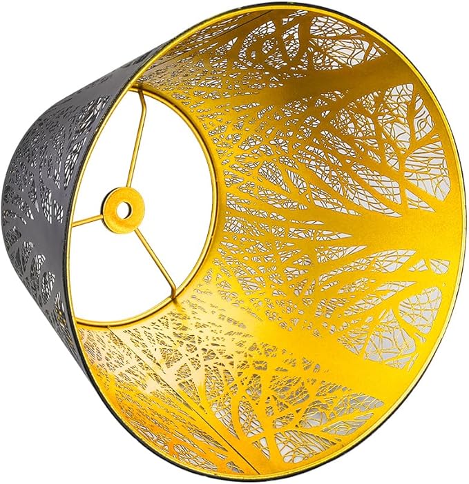 Etched Small Forest Metal Lampshade Top 6‘’ Bottom 10‘’ Height 7.5" Barrel Shade Lampshade Fits Most Table Lamp and Floor Lamp Spider, Outer Black and inner Gold