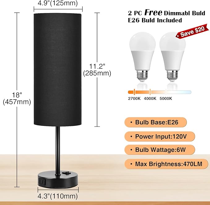 ZJOJO Table Lamp for Bedroom 2 Pack,18in Bedside Lamps with 3 Way Dimmable Rocker Switch & AC Outlet,Nightstand Desk Lamp with Black Fabric Shade Black Base for Living Room Home Decor Lights