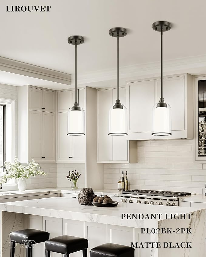 LIROUVET 2 Pack Pendant Lights Kitchen Island, Dual Glass Pendant Lights, Black Hanging Lamp with Clear and Milk Glass, Industrial Pendant Light Fixtures for Dining Room PL02BK-2PK