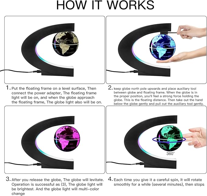 Gresus MultiColor Changing Magnetic Levitation Floating World Map Globe, Floating Globe with LED Lights, Great Fathers Students Teacher Business Boyfriend Birthday Gift for Desk Decoration