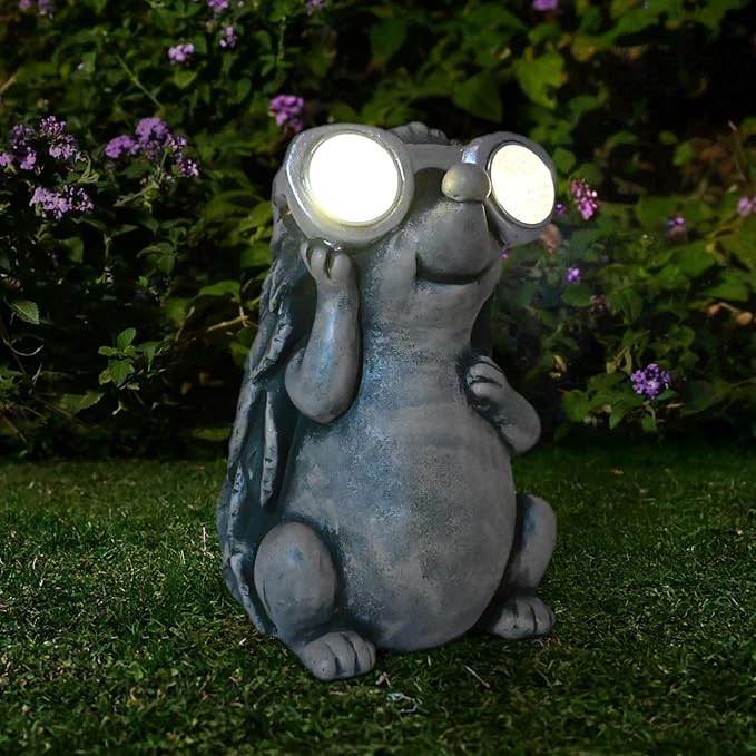 Garden Hedgehog Figurines Animals - Outdoor Decor Solar Lights Lawn Ornament Concrete Critters Cement Statues Cute Resin Yard Sculpture Creature Gifts for Women Lover