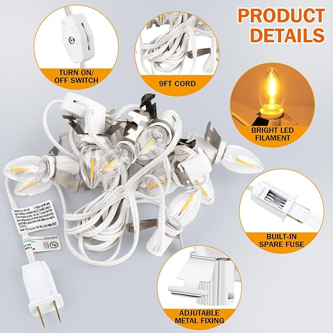Christmas Village Lights with 10 LED Warm-White Bulb,Decoration for Christmas Village Houses,Halloween Holiday,C7 Christmas Village Light Cord