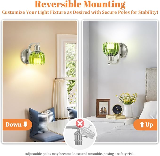 Rechargeable Battery Operated Wall Sconce with Green Glass Lampshade, Wireless Wall Scone Decor with Remote Control, 15 Colors Brushed Nickle Wall Light for Bedside Hallway Bedroom Doorway