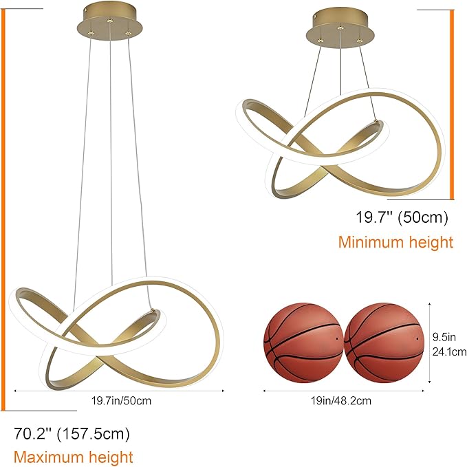 MAYNA Modern LED Chandelier with Remote Control, Dimmable LED Chandelier with 3 Color Temperature,Height Adjustable Pendant Lights for Dining Room Foyer Entryway Kitchen Living Room, Gold 19.7 inch