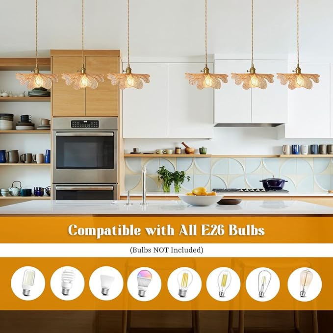 Mid Century Modern Chandelier 3 Light Glass Pendant Lights with Hand Blown Amber Glass Shade Brass Pendant Light Farmhouse Gold Adjustable Hanging Light for Kitchen Dining Room Bedroom