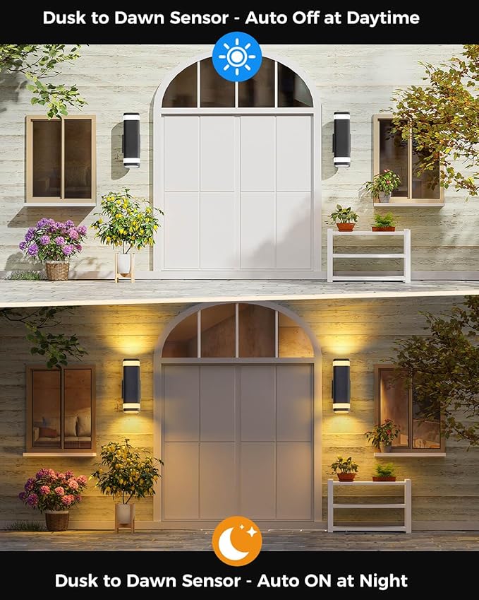 SHIMR Dusk to Dawn Outdoor Wall Light with Sensor, Waterproof Up and Down Exterior Wall Sconce, Modern Black Aluminum Outdoor Light Fixture for Porch Patio Garage, LED Bulbs Included