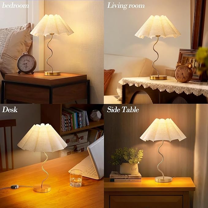 Small Table Lamp, Pleated Table lamp for Bedroom, Bedside Lamps for Nightstand with Linen Lampshade, Modern Lamp for Bedroom Home Office Decor, Gold.