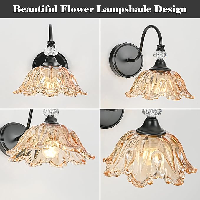Black Wall Sconces with Floral Amber Glass Shades, Black Farmhouse Wall Mount Lighting for Bathroom,Vintage Bathroom Vanity Light Fixtures