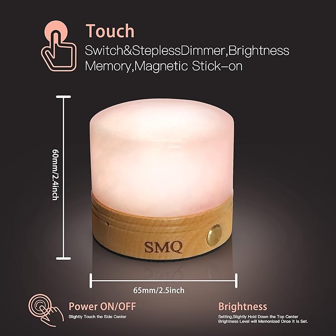 SMQ Rose Quartz Crystal Night Light with USB Charging Port,Handmade Healing Crystal Rechargeable LED Gemstone Lamp with Touch Sensor Light for Nursery Living Room,Shelf,Office
