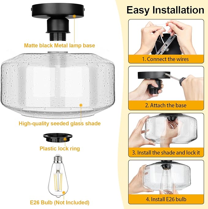 SunRider Industrial Semi-Flush Mount Ceiling Light Fixture, Seeded Glass Lamp Shade, Black Metal Farmhouse Lights for Hallway Kitchen Bedroom, X-Large