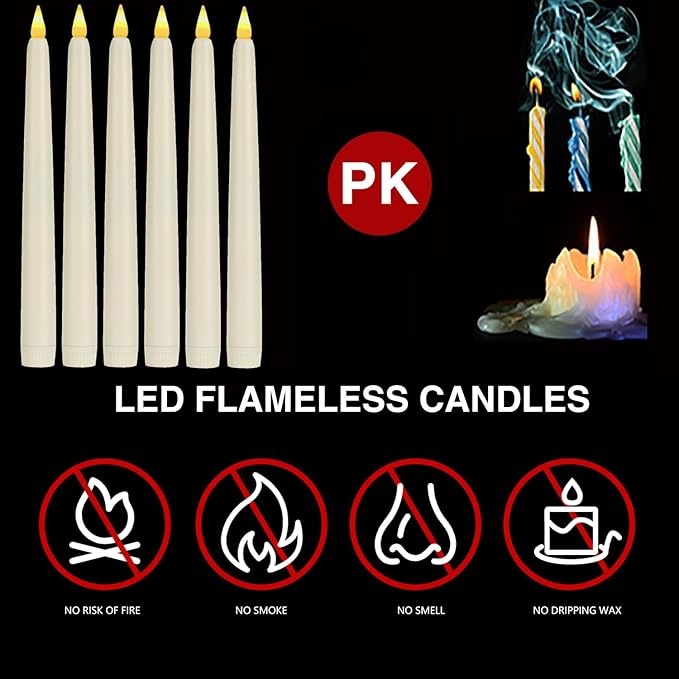 Flameless Taper Candles with Remote Control and Timer, Battery Operated LED Candlesticks with Flickering 3D Flame, 9.6×0.8 Inches Plastic Fake Candles for Christmas, Wedding and Home Decor (Ivory, 12)