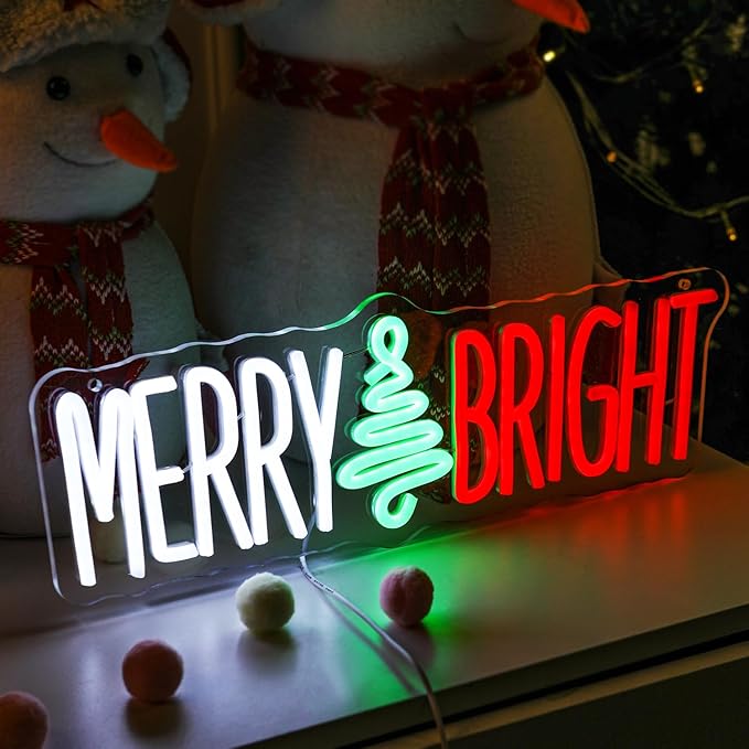 Merry and Bright Neon Lights Wish you a Nice Christmas Quotes LED Signs Christmas Tree for Shop Coffee Store Cafe Apartment Family Light up Xmas Party Wall Decor