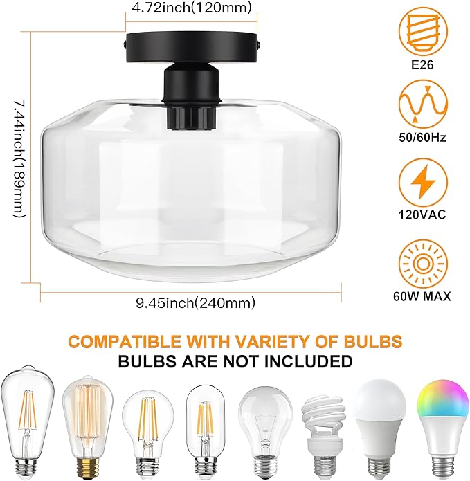 MAXvolador Industrial Semi Flush Mount Ceiling Light Large, Clear Glass Pendant Lamp Shade, Lighting for Hallway, Vintage Hanging Light Fixtures