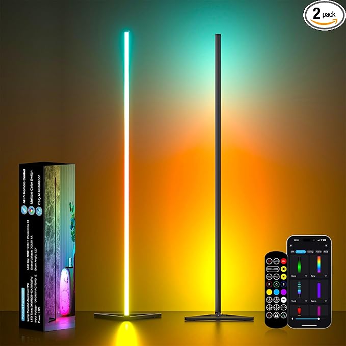 MIHEAL 2PCS Black Corner Floor Lamp, Synced Lights LED Control Floor Lamp RGB Light 56" Smart LED Corner Lamp App and Remote for Living Room Gaming Bedroom and Etc