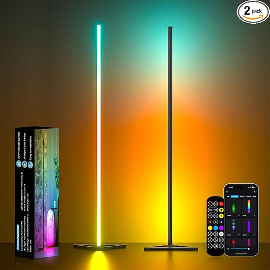 MIHEAL 2PCS Black Corner Floor Lamp, Synced Lights LED Control Floor Lamp RGB Light 56" Smart LED Corner Lamp App and Remote for Living Room Gaming Bedroom and Etc
