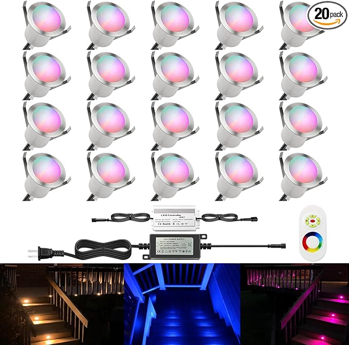 LED Outdoor Deck Lights Kits, Φ1.18in RGB 20 Pack Silver, Low Voltage 12 Volt DC IP67 Waterproof, Multi Color Changing Remote Dimmable, Electric Wired Recessed Stair Step Landscape Lighting