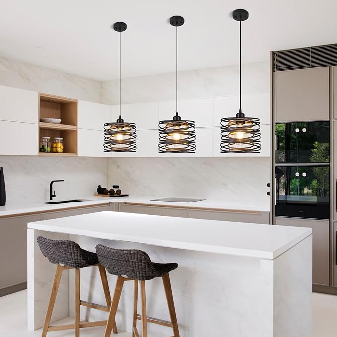Pendant Lights Kitchen Island - Metal Hanging Light Fixtures Wood Farmhouse Pendant Lighting for Dining Room Bedroom Bar Office, Industrial Black, 2 Pack - ETL Certified