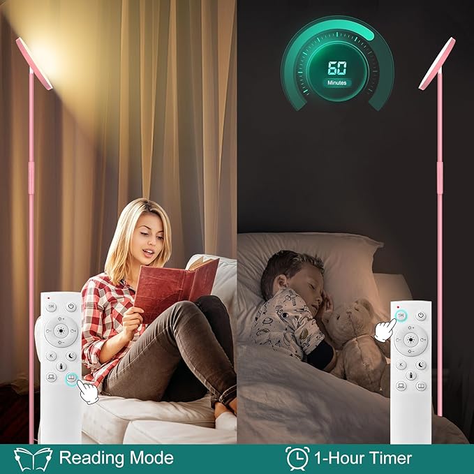 Floor Lamp, Upgraded 40W 4000LM Super Bright Torchiere LED Floor Lamps for Living Room, Stepless Dimmable Color Temperature 2700K-6500K with Remote & Touch Control, Standing Light (40W Pink)