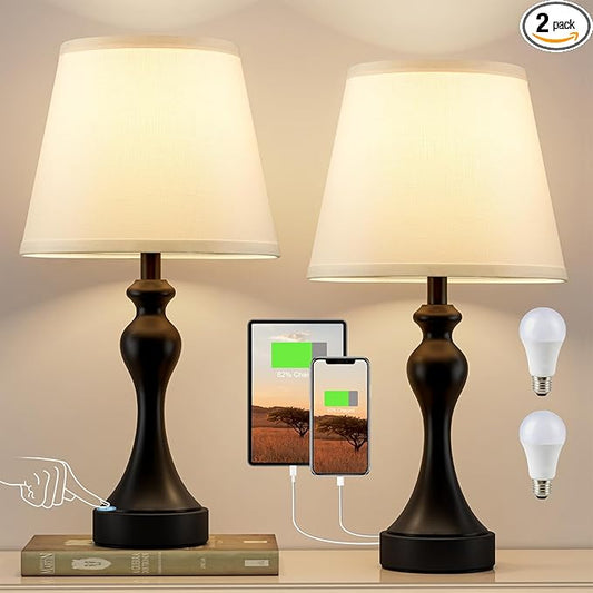 Seealle Touch Lamps for Nightstand - Bedside Lamps Set of 2, 3 Way Dimmable, USB C+A for Bedroom & End Tables (White&Black)