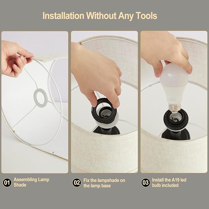 Vintage Table Lamp for Living Room Bedroom, 18.5" Farmhouse Bedside Lamps Nightstand Lamp Set of 2, Table Lamps with Oatmeal Linen Lamp Shades, 2 LED Bulbs Included, Black