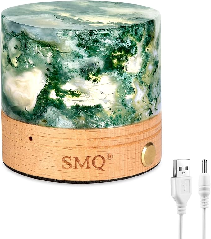 SMQ Moss Agate Crystal Night Light with USB Charging Port,Handmade Polished Healing Crystal Stones Lamp Cylindrical Touch Night Light for Living Room,Shelf,Office Decor