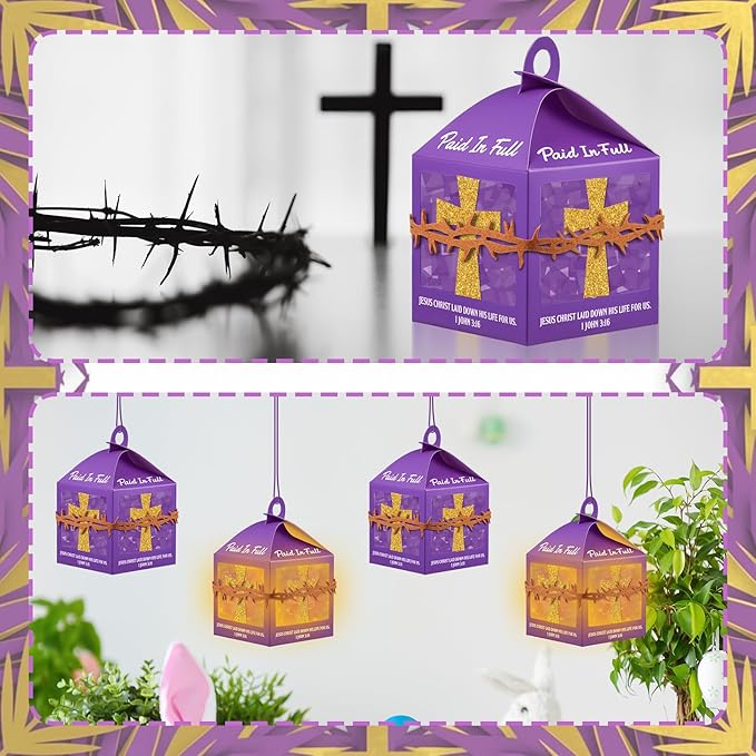 12 Sets Religious Easter Crafts Bulk Christian Cross Lanterns Crafts with LED Lights Glitter Cross Tissue Paper Lanterns for Easter Church VBS Sunday School Classroom Activities