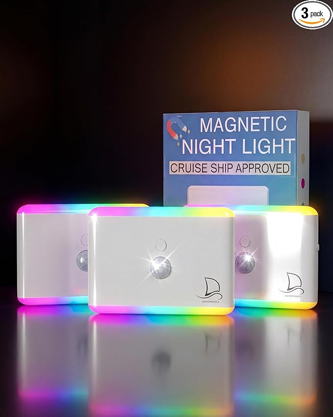3-Pack Motion Sensor Night Light – Cruise Ship Approved, Magnetic & Rechargeable with USB-C, RGB Color-Changing Modes, LED Auto Nightlight for Cabin, Bathroom, Hallway, Bed or Stairs