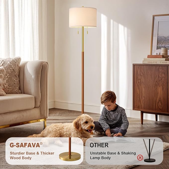 61" Wood Floor Lamp for Living Room 2-Light Standing Tall Lamps Mid Century Modern Floor Lamps for Bedroom Office Nursery Corner Industrial Reading Room Lamp, 3 Color Temperatures 9W Bulbs Included