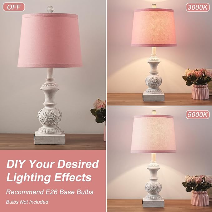Set of 2 Pink Farmhouse Table Lamps 23.5" Vintage Nightstand Lamp with USB A+C Ports Antique Carved Floral Base & Pull Chain for Bedside, Living Room, Girls Bedroom, Dorm (Bulb Not Included)