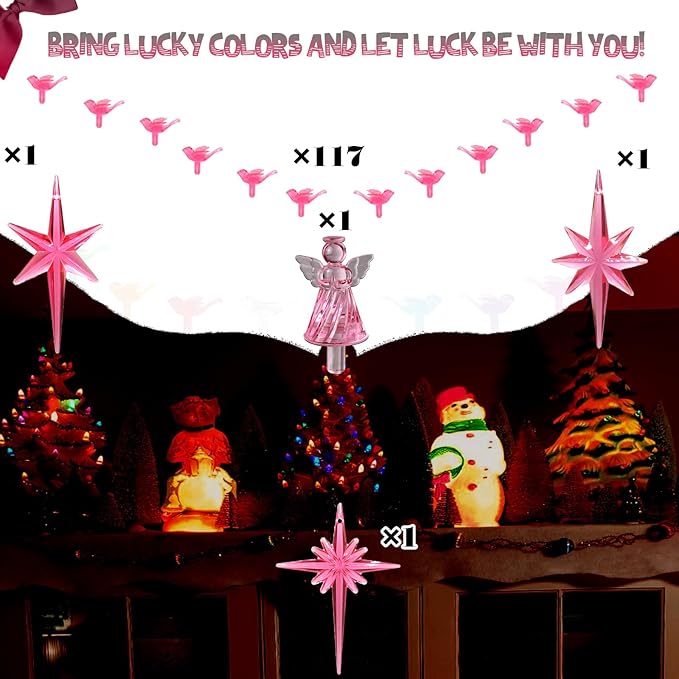 117Pcs Ceramic Christmas Tree Pink Love Bird Replacement Lights Bulbs and 1 Angel/3Stars Topper Ornament for Ceramic Tree Décor - Medium Plastic Pegs.