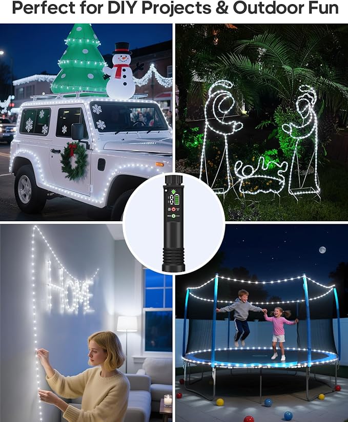 Rechargeable Rope Lights, 79FT 240LED Outdoor Waterproof String Lights with 1200mah Portable Rechargeable Battery, Timing & 8 Modes for Party Christmas Camping DIY Tree trampoline - Cool White 2 Pack
