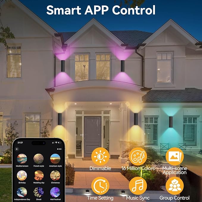 Smart Outdoor Wall Lights, RGBCW Exterior Light Fixture Dusk to Dawn Outdoor Lighting, Aluminum Color Changing Porch Lights, Ambiance Sconce, Compatible with Alexa Google Assistant