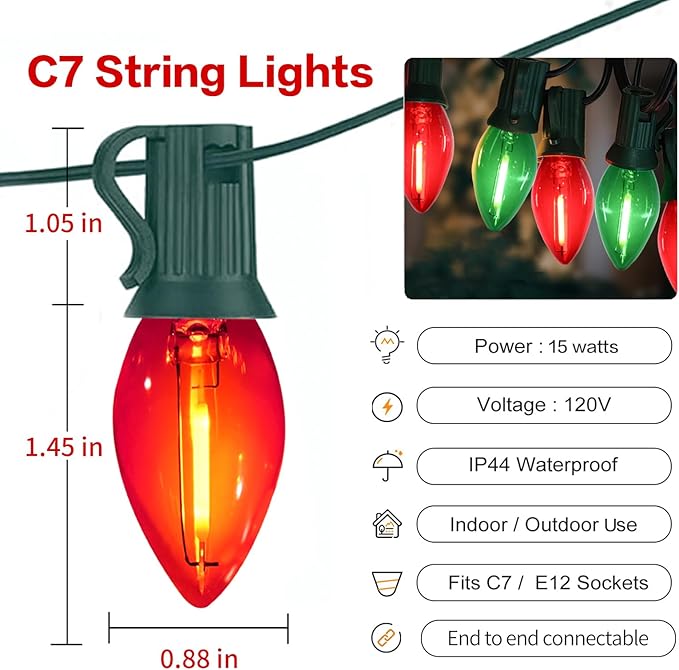25FT C7 Christmas Lights Outdoor, Red Green Classic 2-Color LED String Lights for Roof, Fence, Tree, Traditional Holiday Decor