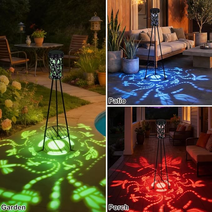 RGB Dragonfly Projection Solar Floor Lamps Outdoor, Metal Floor Light with Plant Stand,42.48" Decorative Waterproof Lighting for Garden,Patio,Porch,Yard,Deck,Black,2 Pack