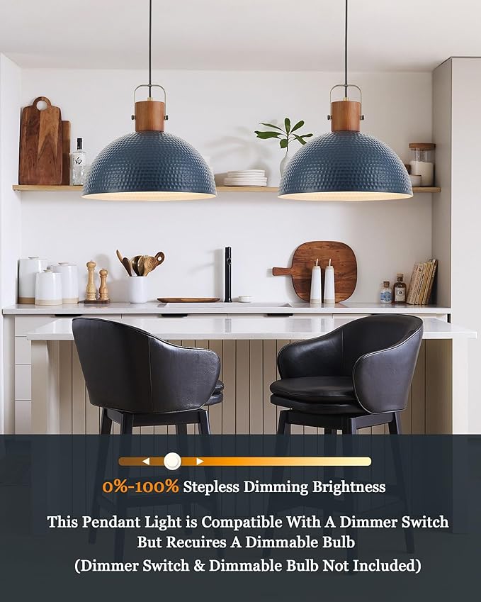 ELYONA 16” Large Ash Wood Pendant Light with Hammered Blue Metal & Brushed Brass Handle Large Pendant Light Fixtures Modern Dome Hanging Lamp for Kitchen Island, Dining Table, Bedroom, Hallway