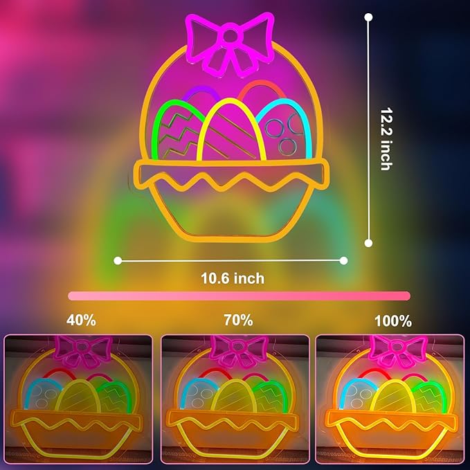 Easter Eggs Neon Signs for Wall Decor, Easter Egg Baskets with Bow Decorations Gifts, USB Dimmable LED Neon Lights Sign Party Decor for Bedroom Window Door Yard Bar Classroom Church