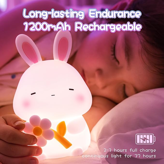 Cute Bunny Night Light for Kids, 7 Colors Squishy Silicone Touch Lamps, 3 Level Dimmable Rabbit Nursery Nightlight, 1200mAh Rechargeable Easter Gifts for Baby Toddler Girls Boys Room Decor