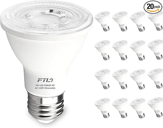 FTL 20-Pack PAR20 LED Bulbs 5000K Daylight White, 7W 600LM 50W 60W Equivalent, Dimmable Spot Light Bulb, E26 Base, Indoor Outdoor Flood Light
