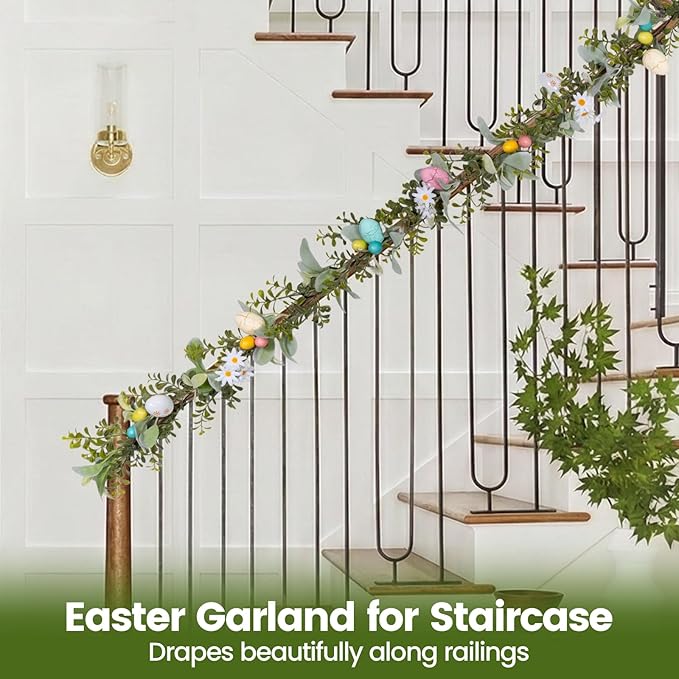 6FT Prelit Easter Garland with LED Lights & Timer, Battery Operated Easter Decorations with Daisies & Pastel Eggs, Artificial Lambs Ear Greenery for Mantle & Fireplace – Farmhouse Easter Egg Garland