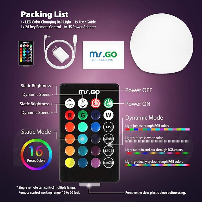Mr.Go 16-inch Indoor/Outdoor Waterproof Rechargeable LED Glowing Ball Light Orb Globe Lamp w/Remote, 16 RGB Colors 4 Light Effects, Ideal Home Garden Pool Patio Party Ambient Decorative Lighting