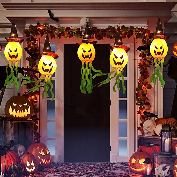 Halloween Decorations Outdoor Hanging Lights Decor Glowing Pumpkin Witch Hat Led Lighted Up Scary Orange Decoration for Indoor Outside Party Tree Garden Porch Ornament (3 Pcs)