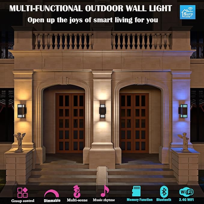 RGB Smart Outdoor Wall Lights, 2 Pack Front Porch Light Fixtures, Square Color-Changing Wall Sconce with E26 Base, IP65 Waterproof Up and Down Lights with APP/Voice/Remote Control.