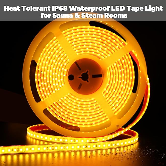 SuperlightingLED DC24V Warm Amber Gold Sauna LED Tape Light 2000K, 5m 16.4ft Long Dense 600 LEDs Flexible Customizable High-Heat Resistant LED Strip Lights IP68 Submersible (Amber Gold)